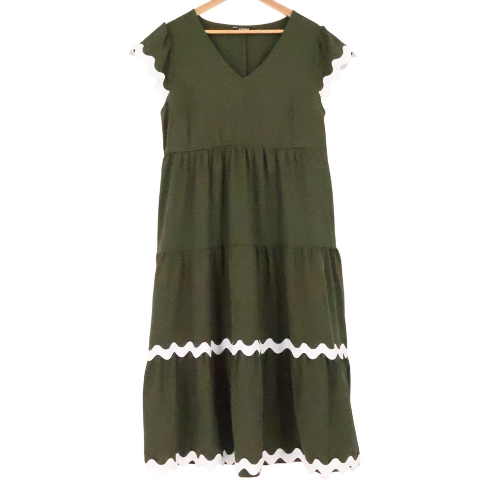 BTFBM Ric Rac Tiered Midi Dress Womens Size L Olive Green Boho Cottage Pockets